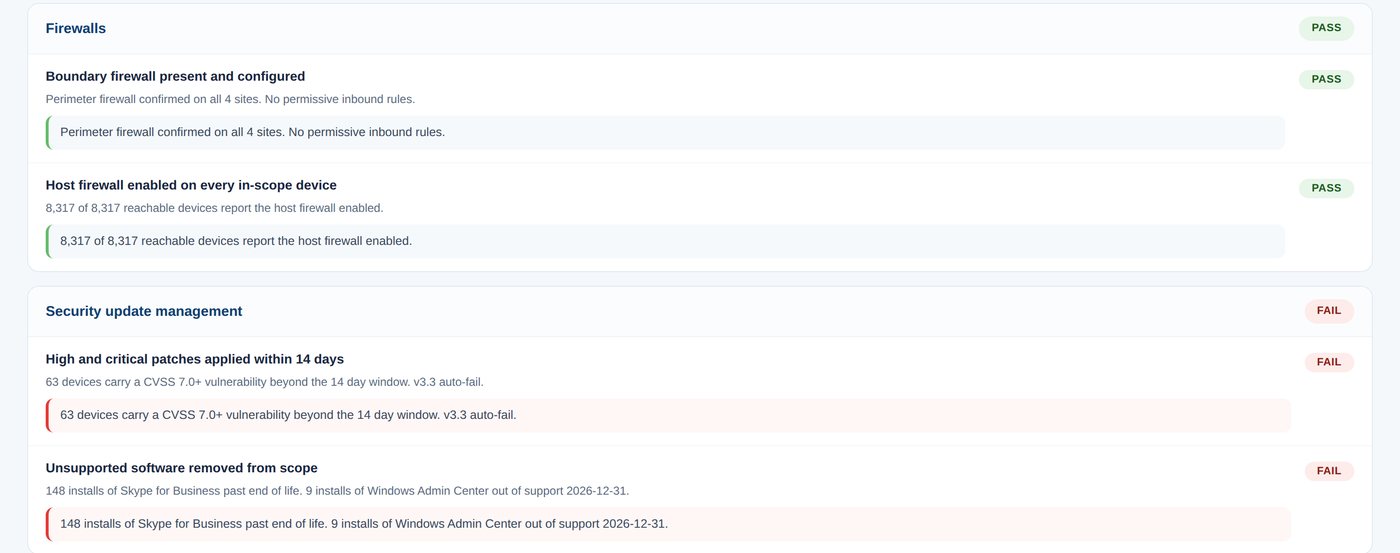Firewalls passing and security update management failing, each with evidence lines